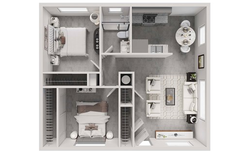 3d floorplan of a 2 bedroom 1 bathroom 800 square foot floorplan.